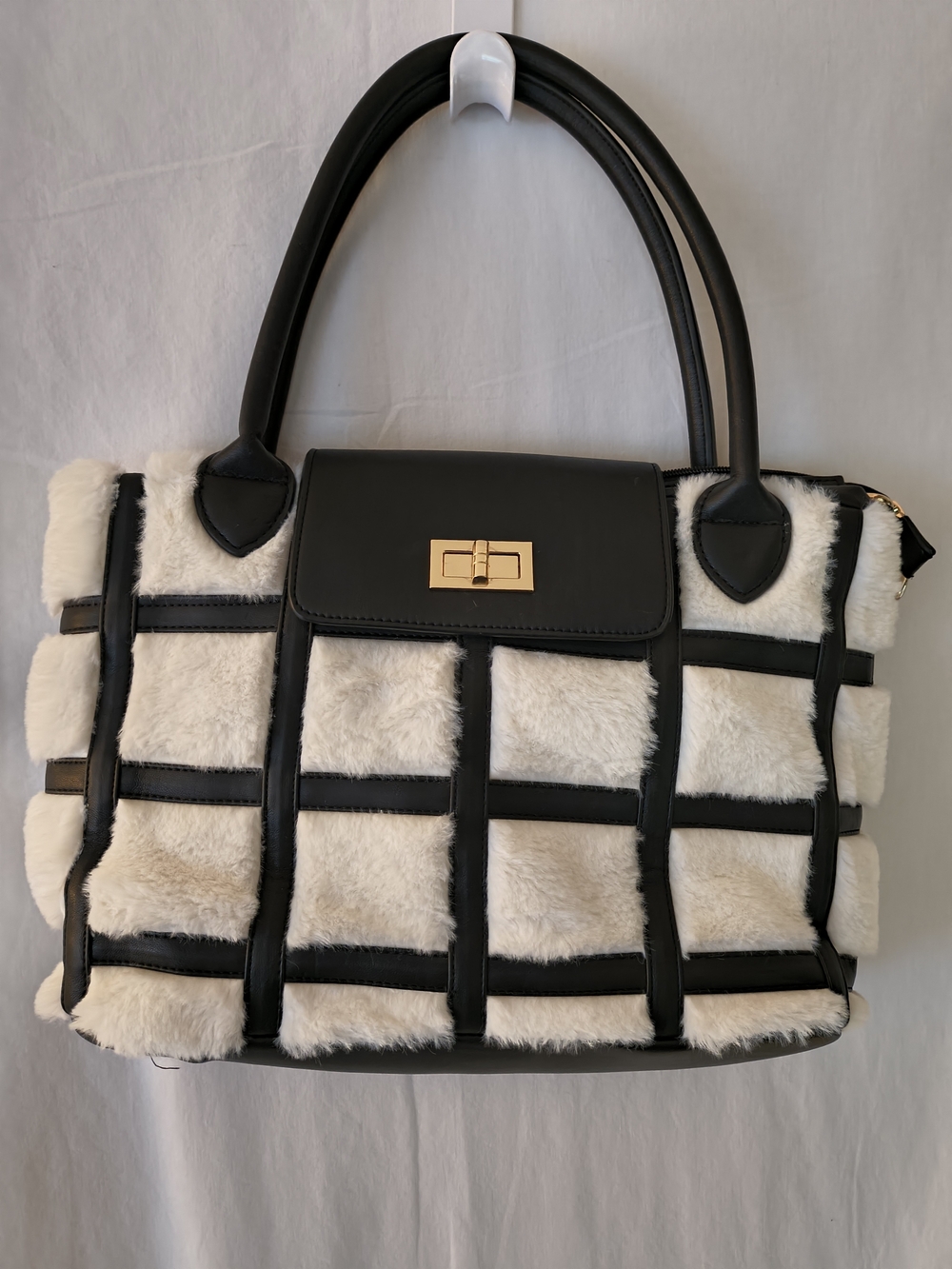 Black and White Faux Fur Patchwork Tote Bag with Gold Turn-Lock
